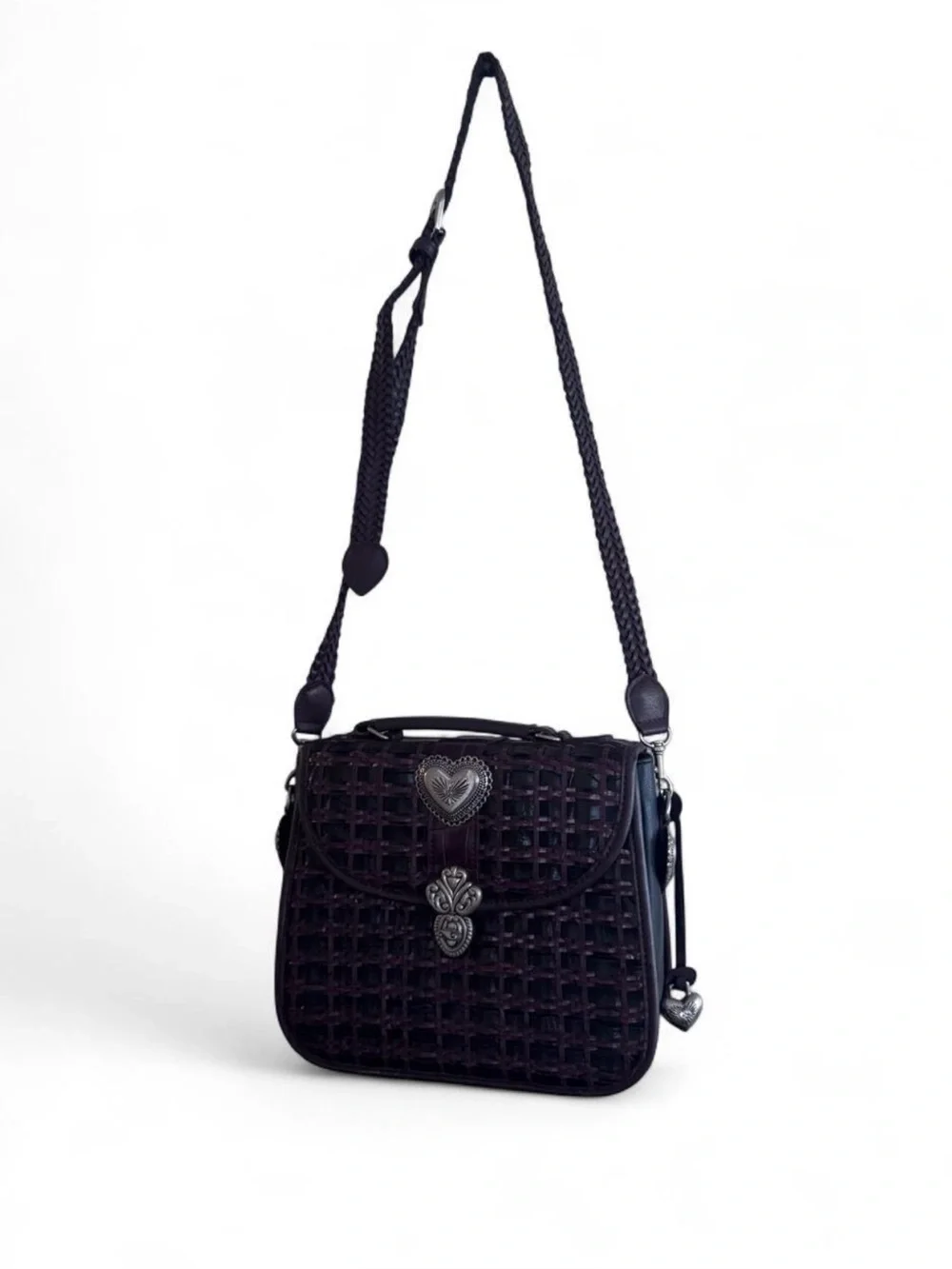 Woven Heart Accent Crossbody Bag in Deep Black